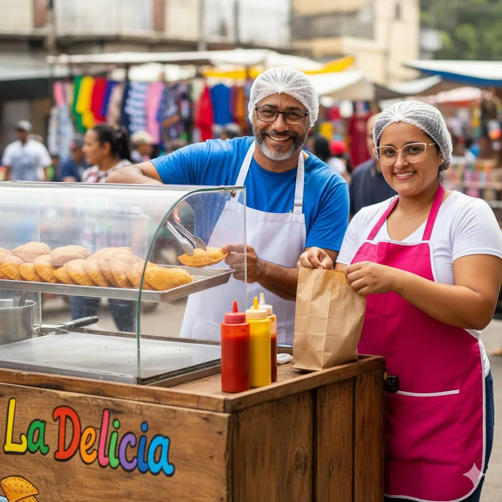 Familia de La Delicia atendiendo su puesto de empanadas