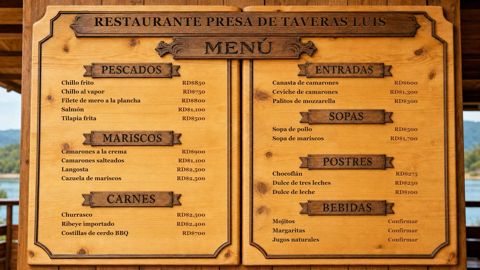Menú visual de referencia de Restaurante Presa de Taveras Luis con pescados, mariscos, carnes, entradas, sopas, postres y bebidas