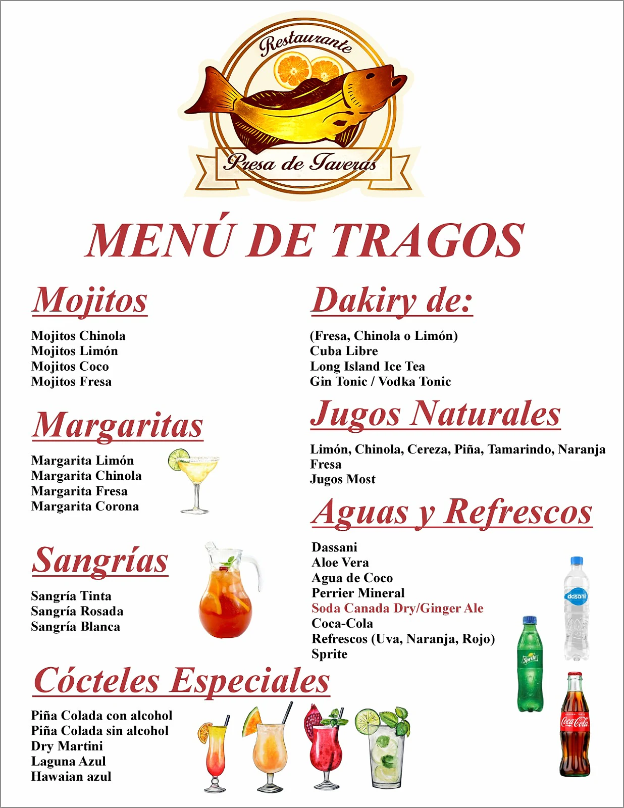 Primera página del menú de bebidas de Restaurante Presa de Taveras